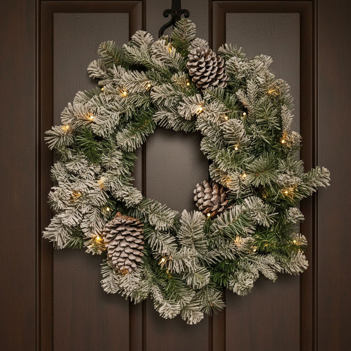 The Christmas Centre Frosted Winterfold Fir 26in (66cm) Prelit Christmas Wreath with Warm White Battery Operated LED Lights