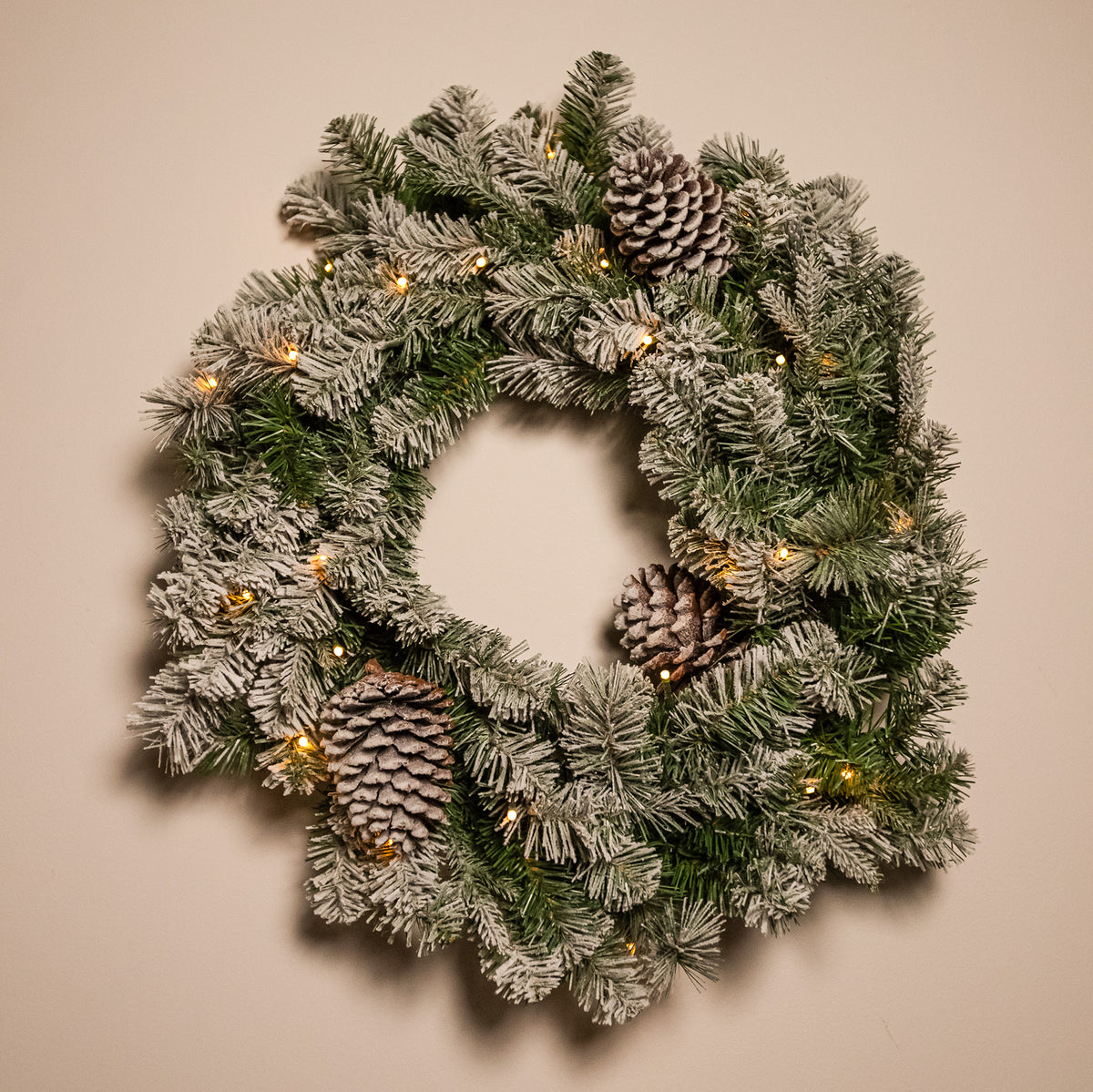 The Christmas Centre Frosted Winterfold Fir 26in (66cm) Prelit Christmas Wreath with Warm White Battery Operated LED Lights