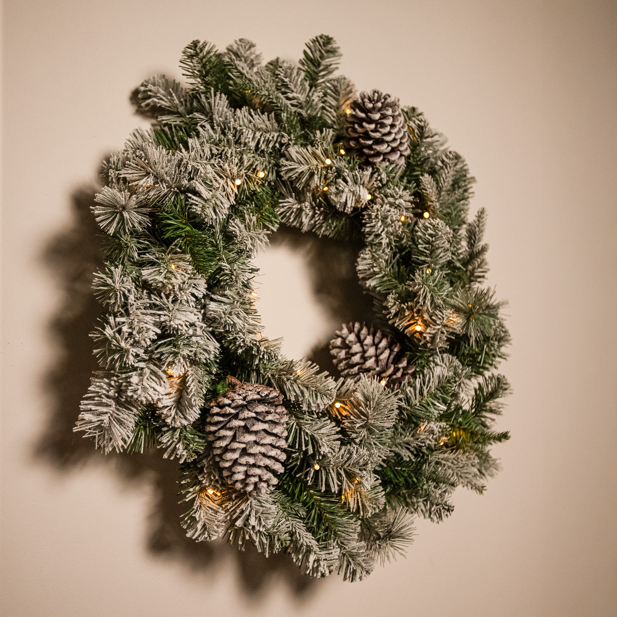 The Christmas Centre Frosted Winterfold Fir 26in (66cm) Prelit Christmas Wreath with Warm White Battery Operated LED Lights