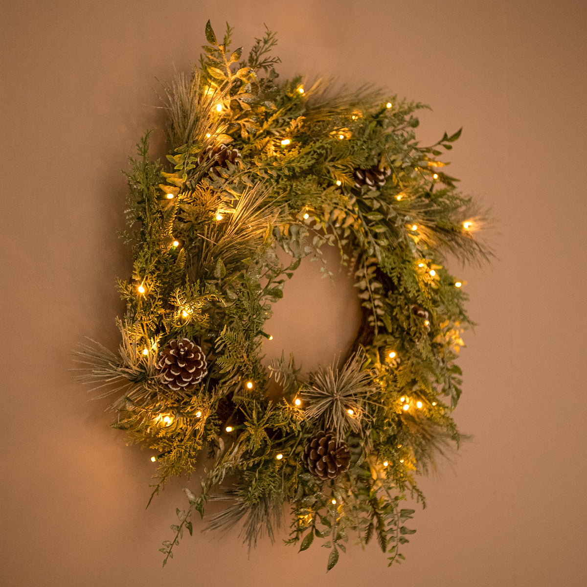 The Christmas Centre Winter Woodland 26in (66cm) Prelit Christmas Wreath with Warm White Battery Operated LED Lights