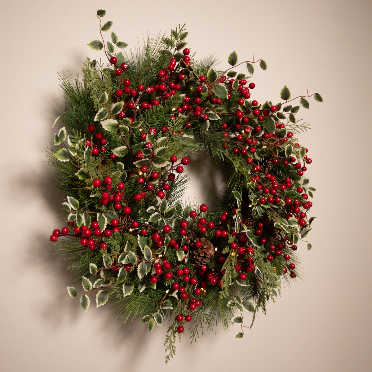 The Christmas Centre Hollyberry 26in (66cm) Prelit Christmas Wreath with Warm White Battery Operated LED Lights