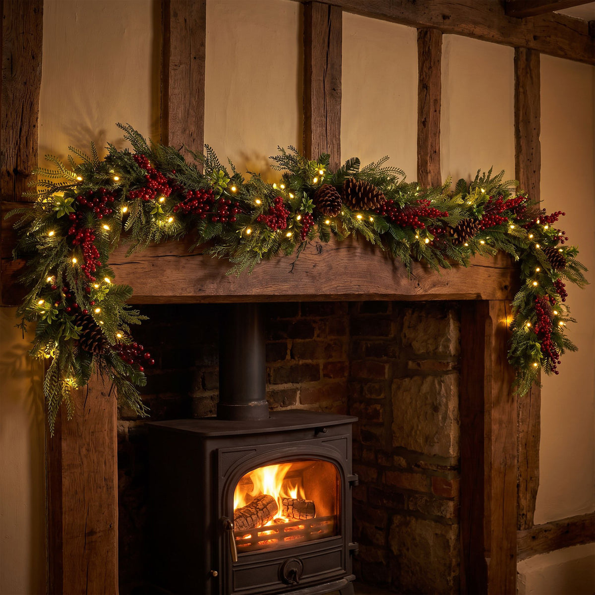 The Christmas Centre Classic Berry 6ft (180cm) Prelit Christmas Garland with Warm White Battery Operated LED Lights