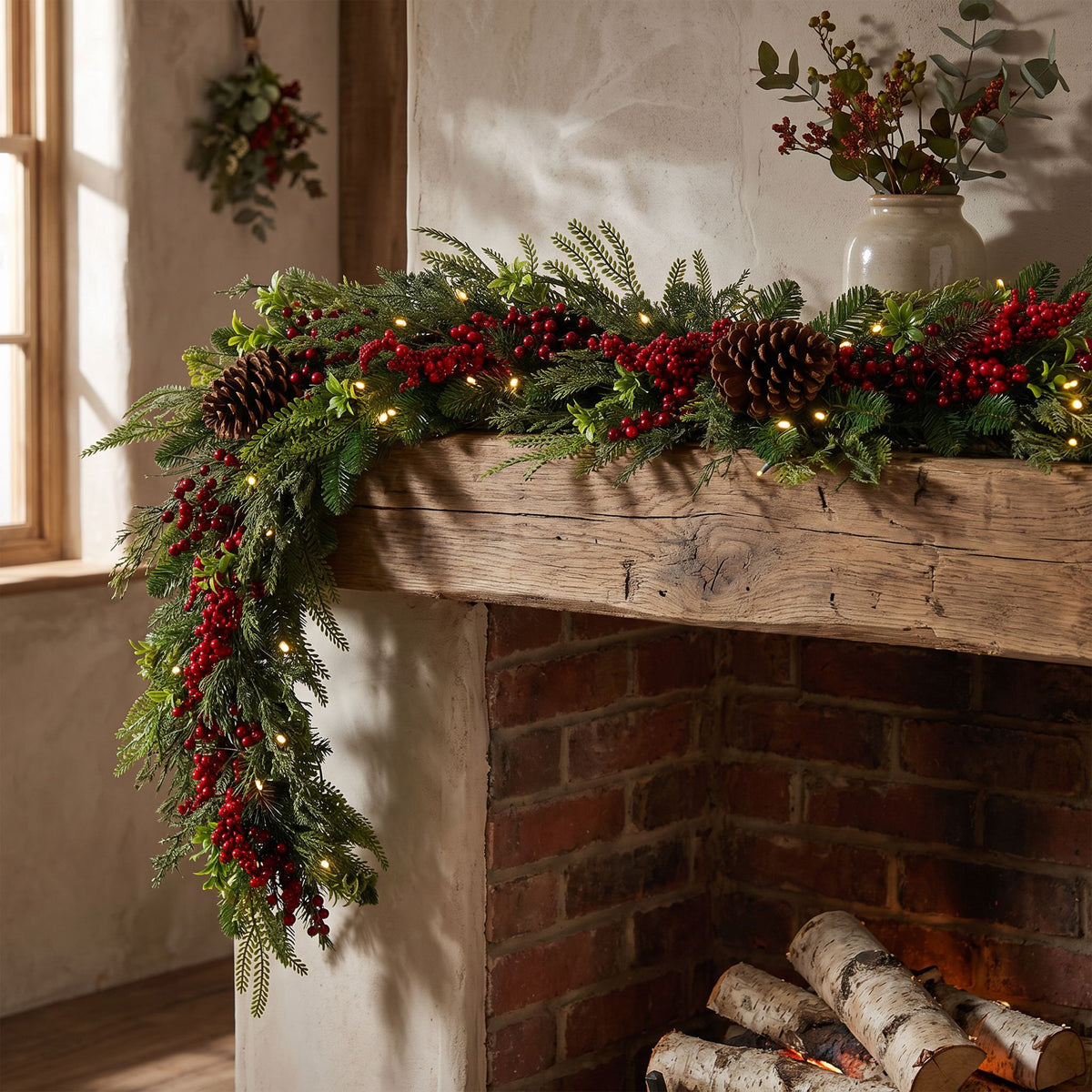 The Christmas Centre Classic Berry 6ft (180cm) Prelit Christmas Garland with Warm White Battery Operated LED Lights