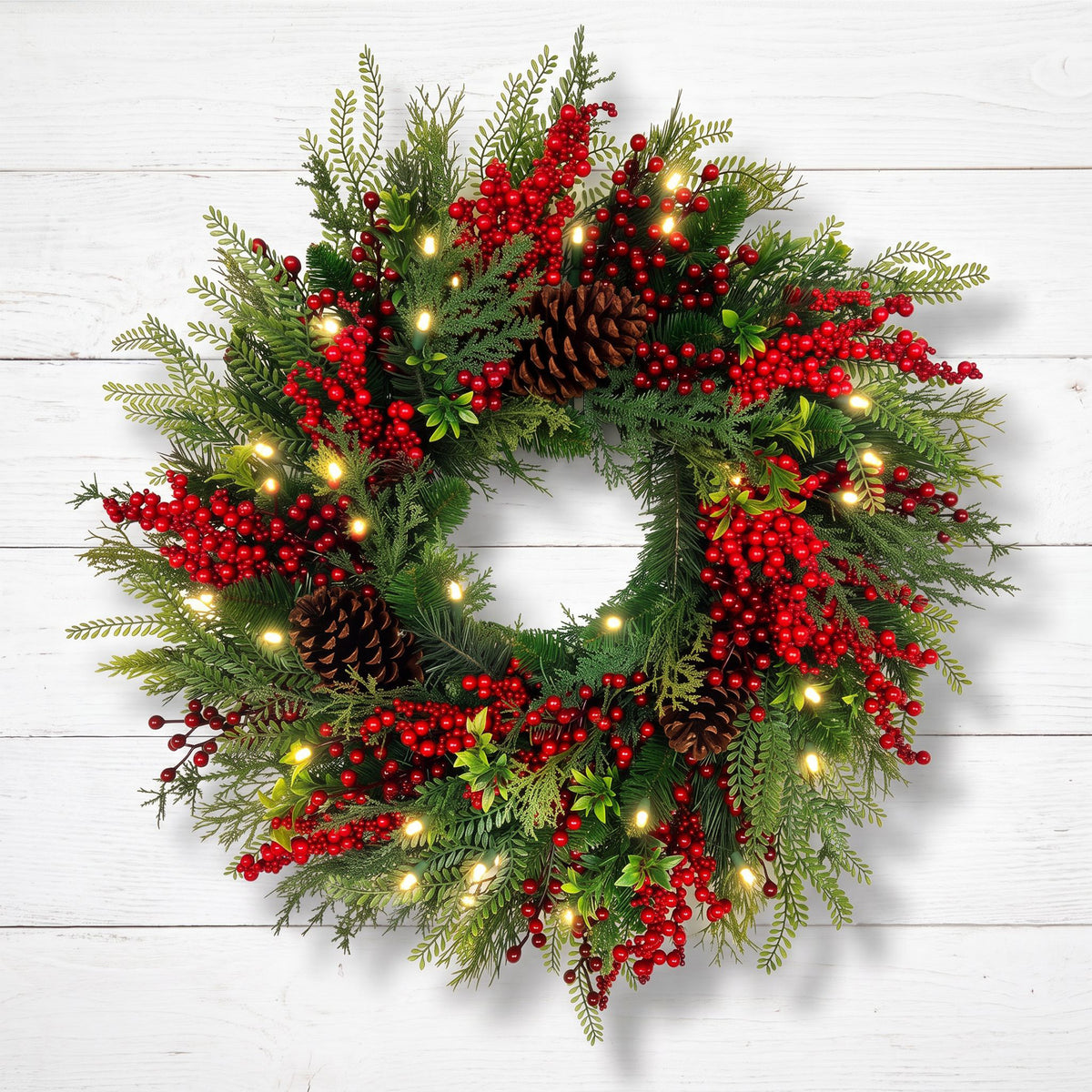 The Christmas Centre Festive Woodland 26in (66cm) Prelit Christmas Wreath with Warm White Battery Operated LED Lights