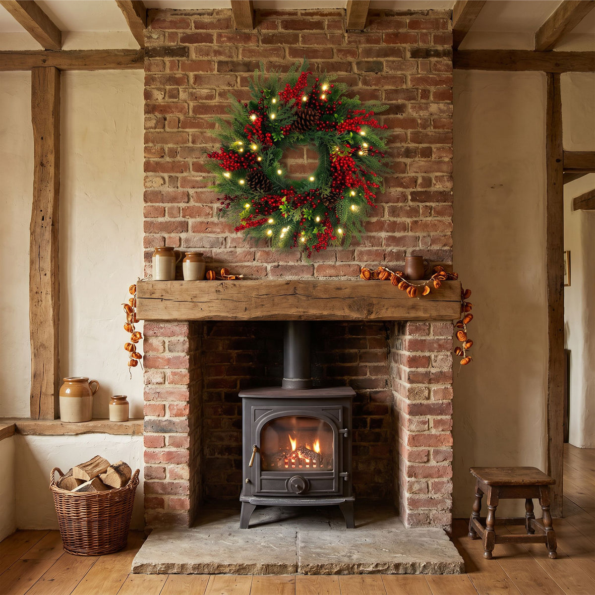The Christmas Centre Festive Woodland 26in (66cm) Prelit Christmas Wreath with Warm White Battery Operated LED Lights