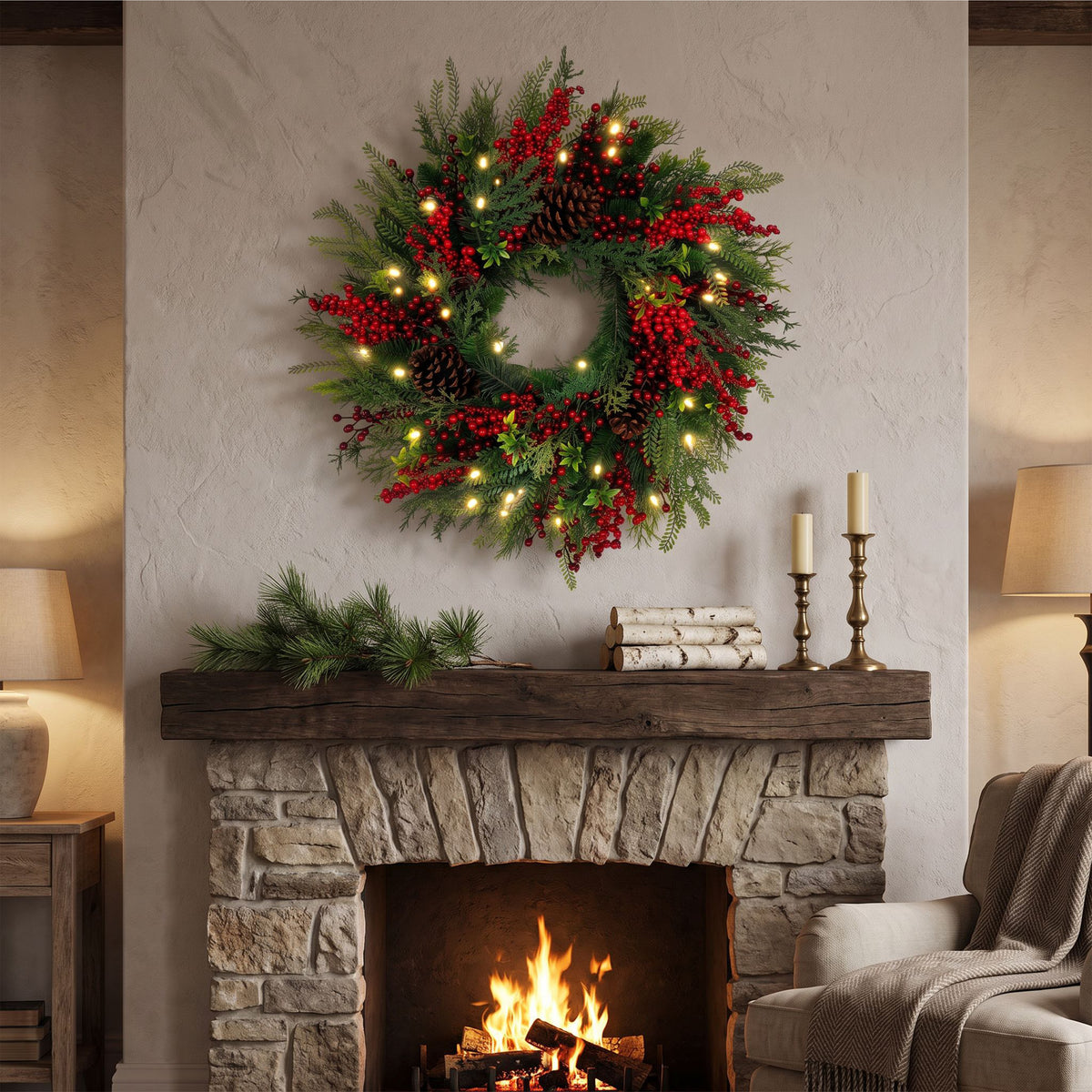 The Christmas Centre Festive Woodland 26in (66cm) Prelit Christmas Wreath with Warm White Battery Operated LED Lights