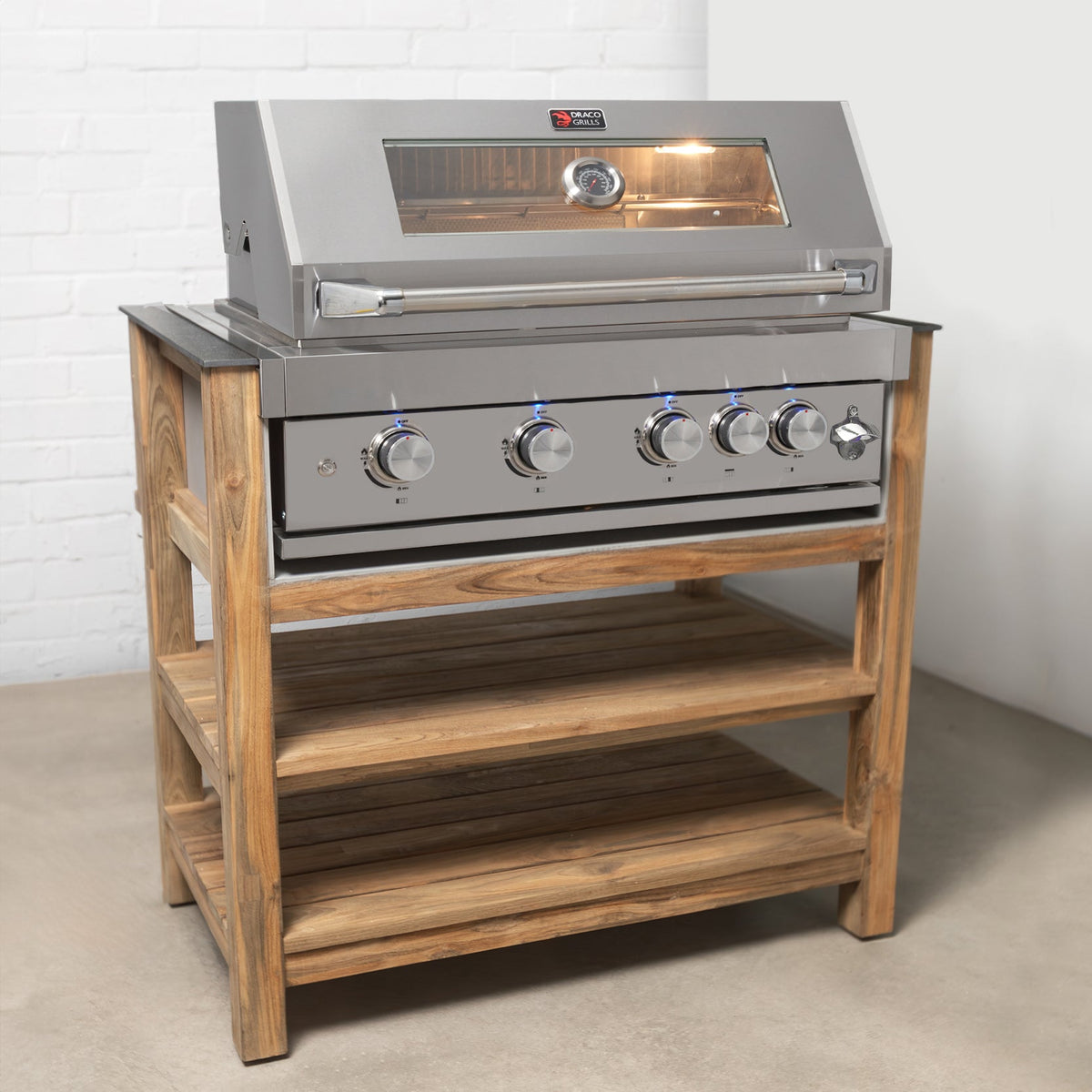 Draco Grills Teak 4 Burner Outdoor Kitchen with Modular Single Cupboard and Triple Drawer Unit