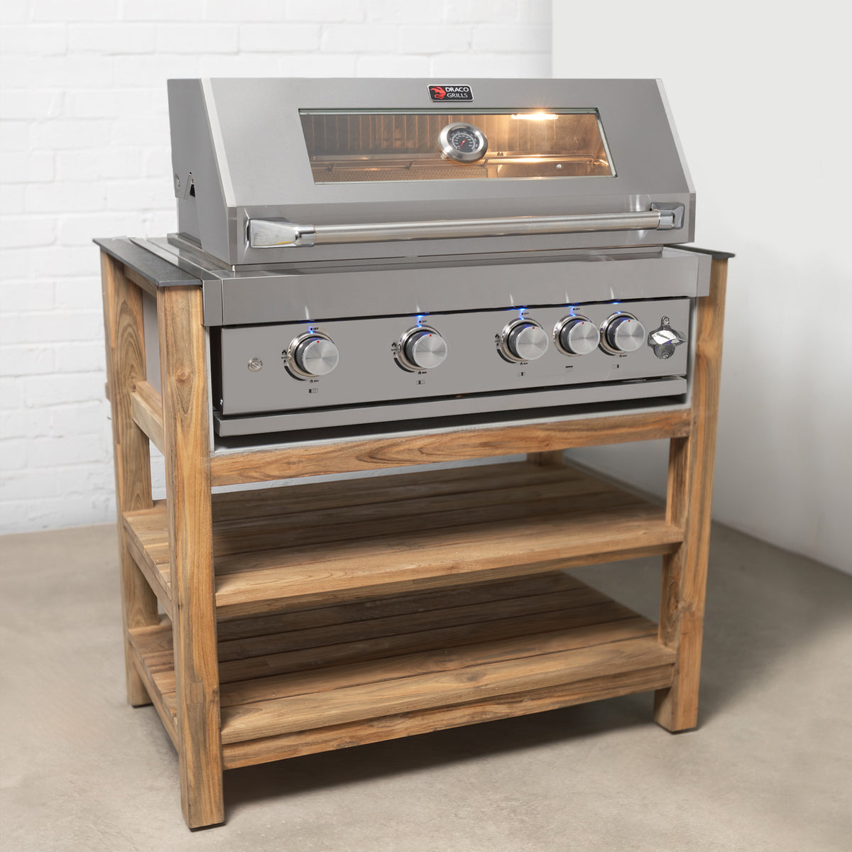 Draco Grills Teak 4 Burner Outdoor Kitchen with Modular Triple Drawer Unit, Double Cupboard, Sink, Double Fridge