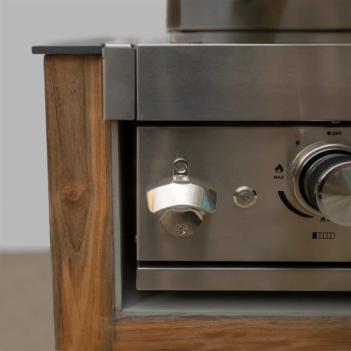 Draco Grills Teak 6 Burner Outdoor Kitchen with Modular Double Fridge, Corner Cabinet, Sink