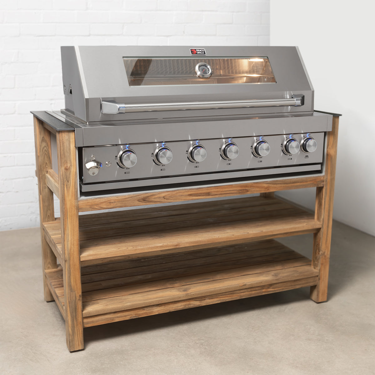 Draco Grills Teak 6 Burner Outdoor Kitchen with Modular Double Fridge, Single Cupboard, Sink