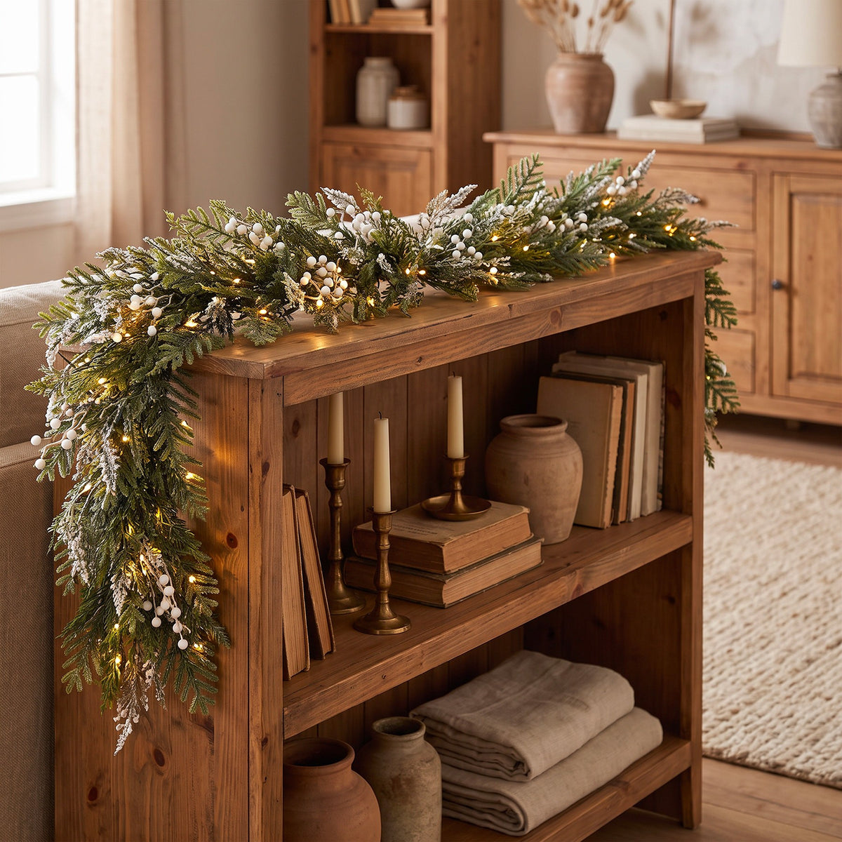The Christmas Centre Frosted Pine 6ft (180cm) Prelit Christmas Garland with Warm White Battery Operated LED Lights