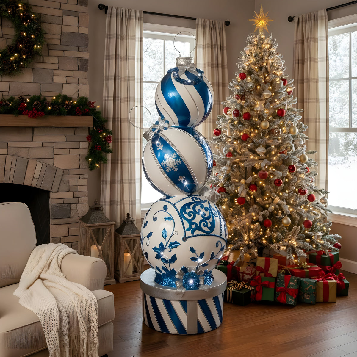 5ft Blue and White Christmas Bauble Stack with White LED Lights