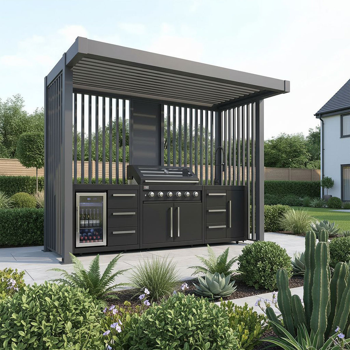 Bracken Outdoors Grey Aluminium BBQ Pergola with Linear Laser Cut Privacy Panels