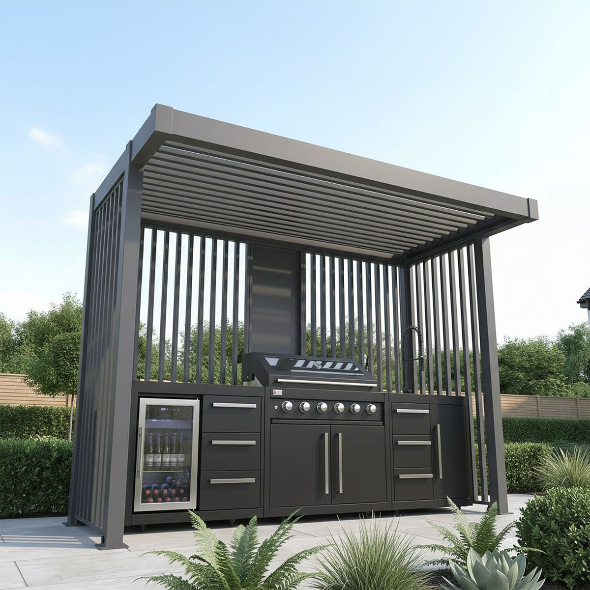 Bracken Outdoors Grey Aluminium BBQ Pergola with Linear Laser Cut Privacy Panels