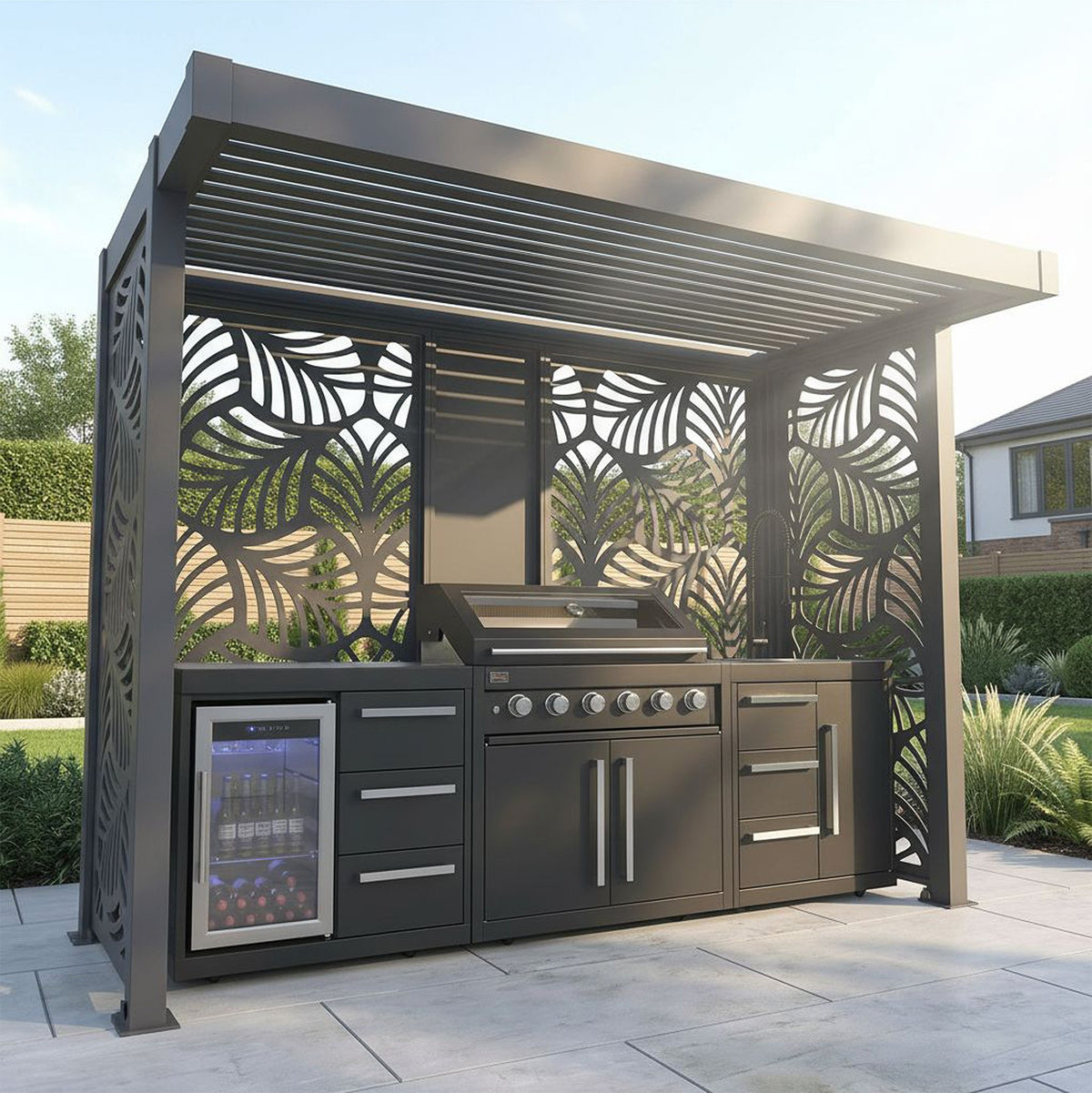 Bracken Outdoors Grey Aluminium BBQ Pergola with Botanica Back and Side Panels