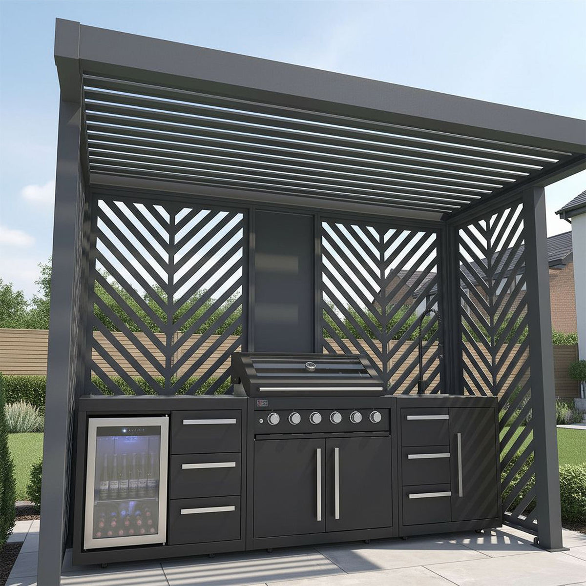 Bracken Outdoors Grey Aluminium BBQ Pergola with Insignia Laser Cut Privacy Panels