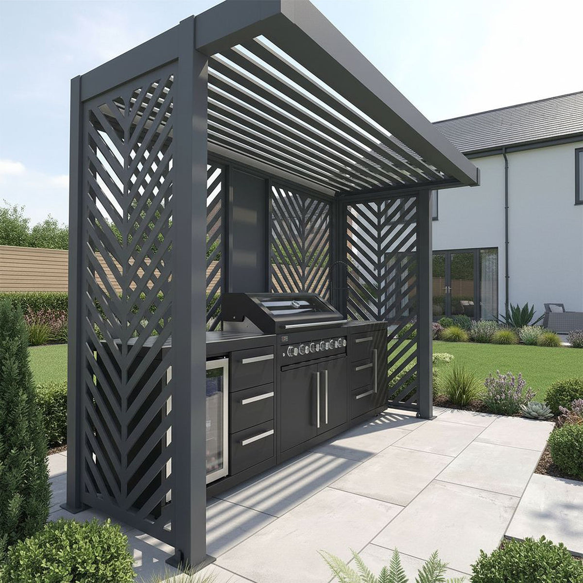 Bracken Outdoors Grey Aluminium BBQ Pergola with Insignia Laser Cut Privacy Panels