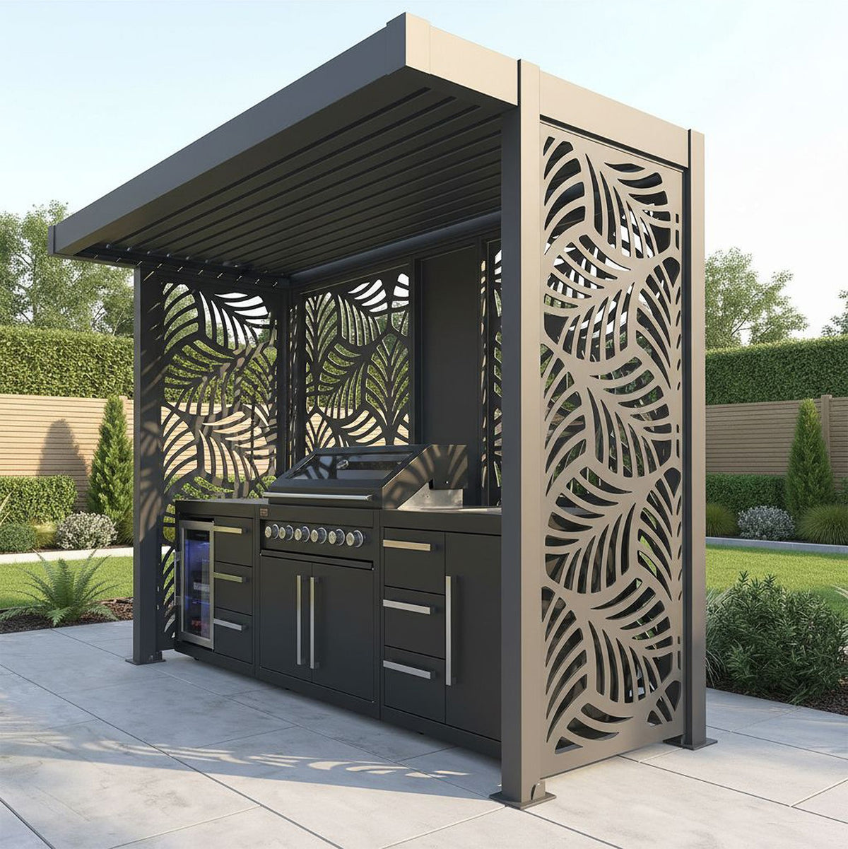 Bracken Outdoors Grey Aluminium BBQ Pergola with Botanica Back and Side Panels