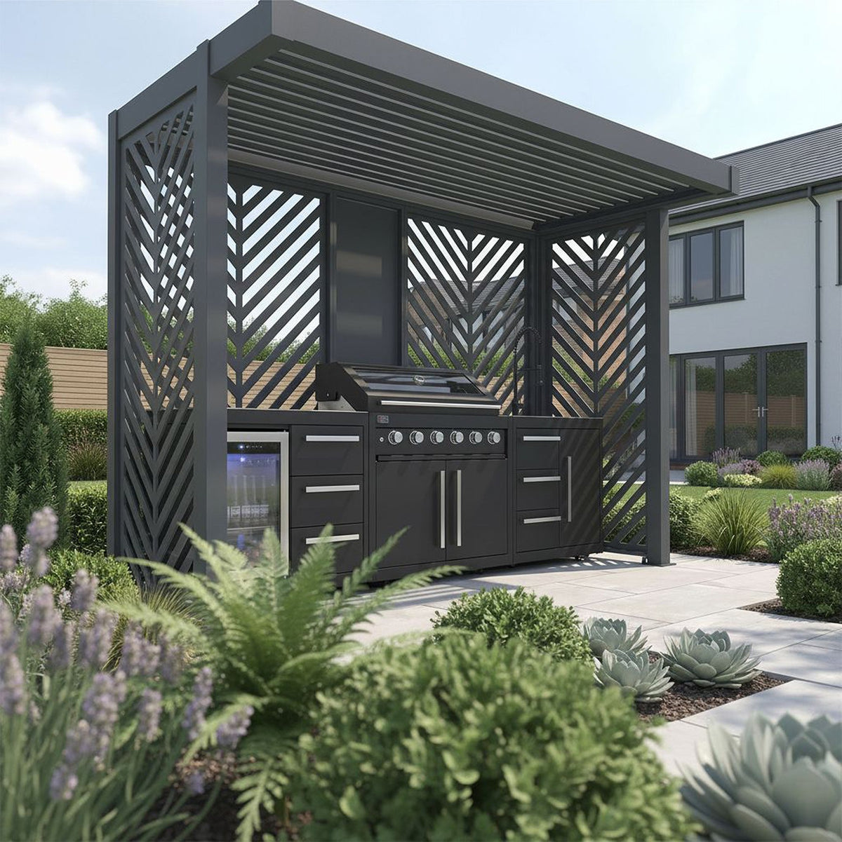 Bracken Outdoors Grey Aluminium BBQ Pergola with Insignia Laser Cut Privacy Panels