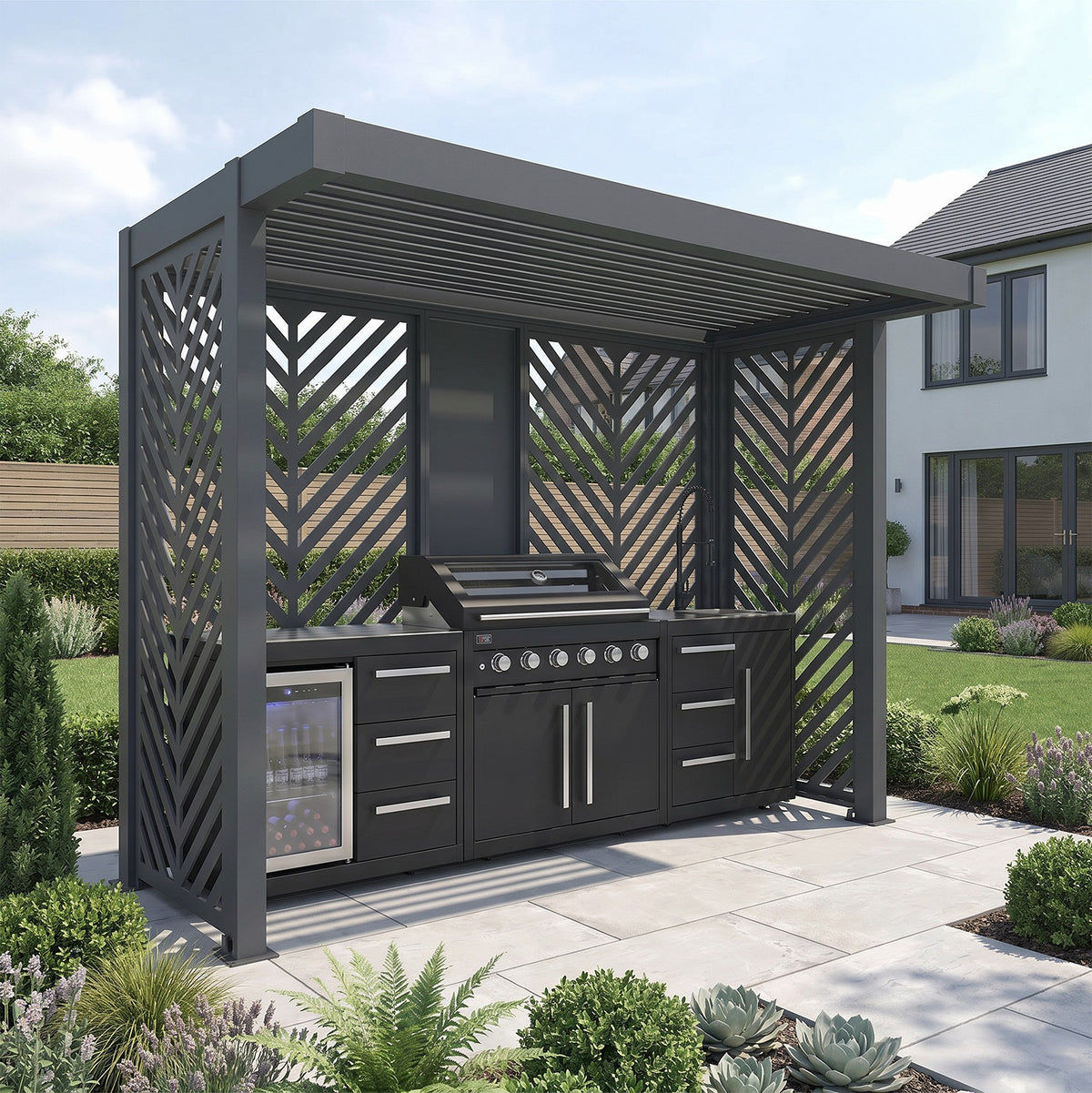 Bracken Outdoors Grey Aluminium BBQ Pergola with Insignia Laser Cut Privacy Panels