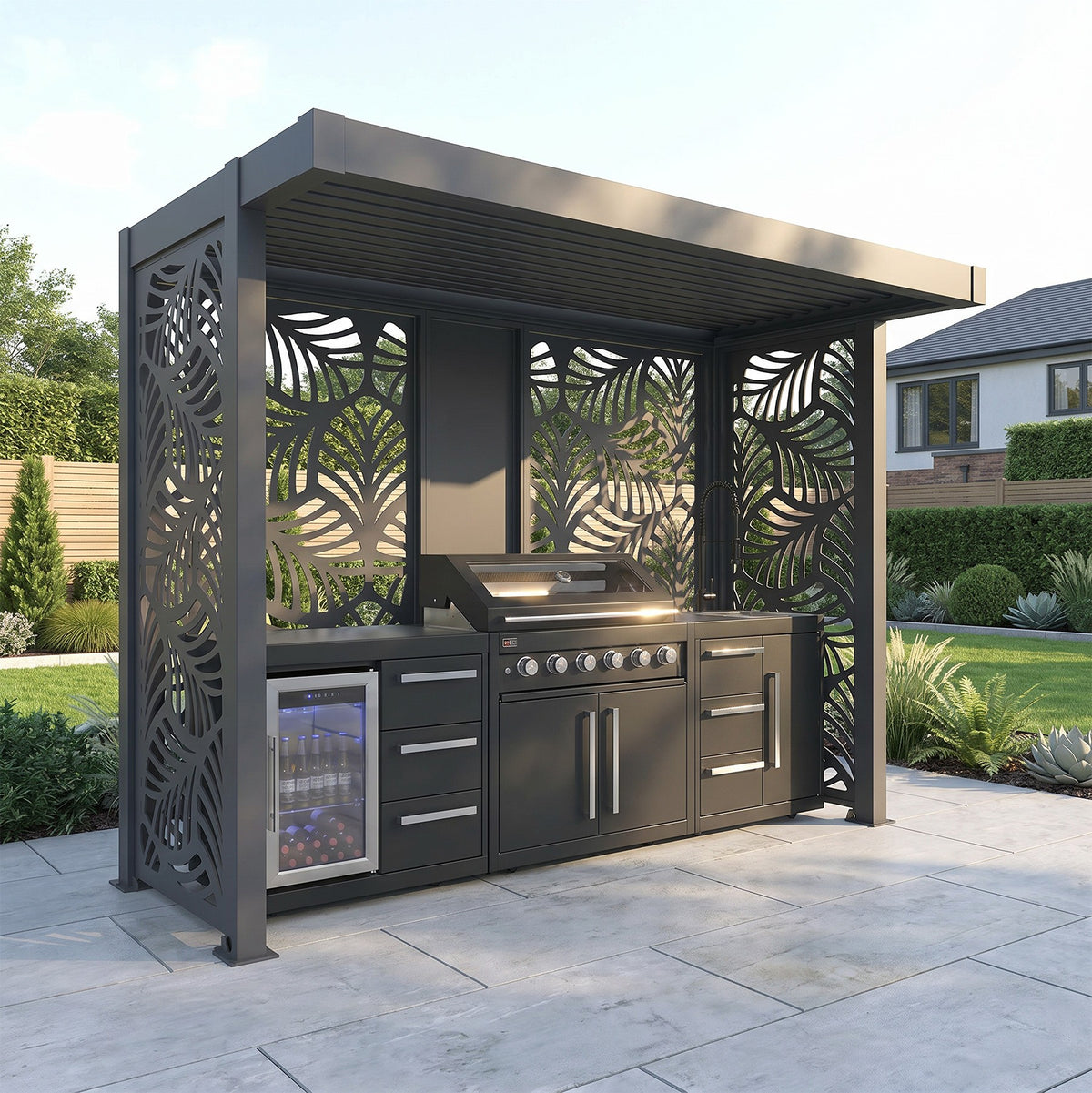 Bracken Outdoors Grey Aluminium BBQ Pergola with Botanica Back and Side Panels