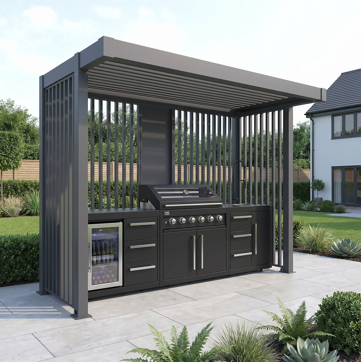 Bracken Outdoors Grey Aluminium BBQ Pergola with Linear Laser Cut Privacy Panels