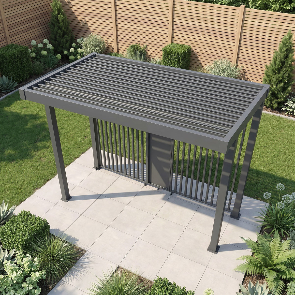 Bracken Outdoors Grey Aluminium BBQ Pergola with Linear Laser Cut Privacy Panels