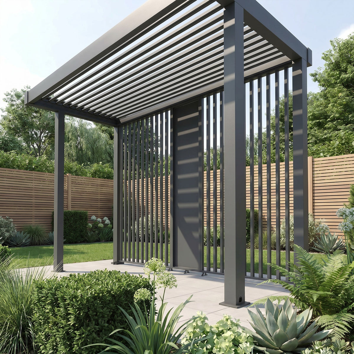 Bracken Outdoors Grey Aluminium BBQ Pergola with Linear Laser Cut Privacy Panels