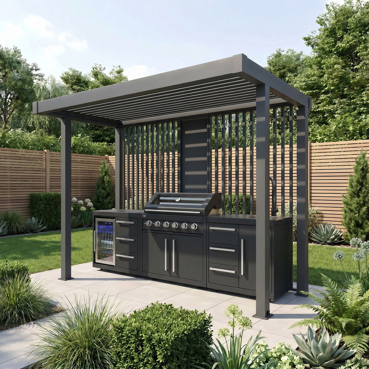 Bracken Outdoors Grey Aluminium BBQ Pergola with Linear Laser Cut Privacy Panels