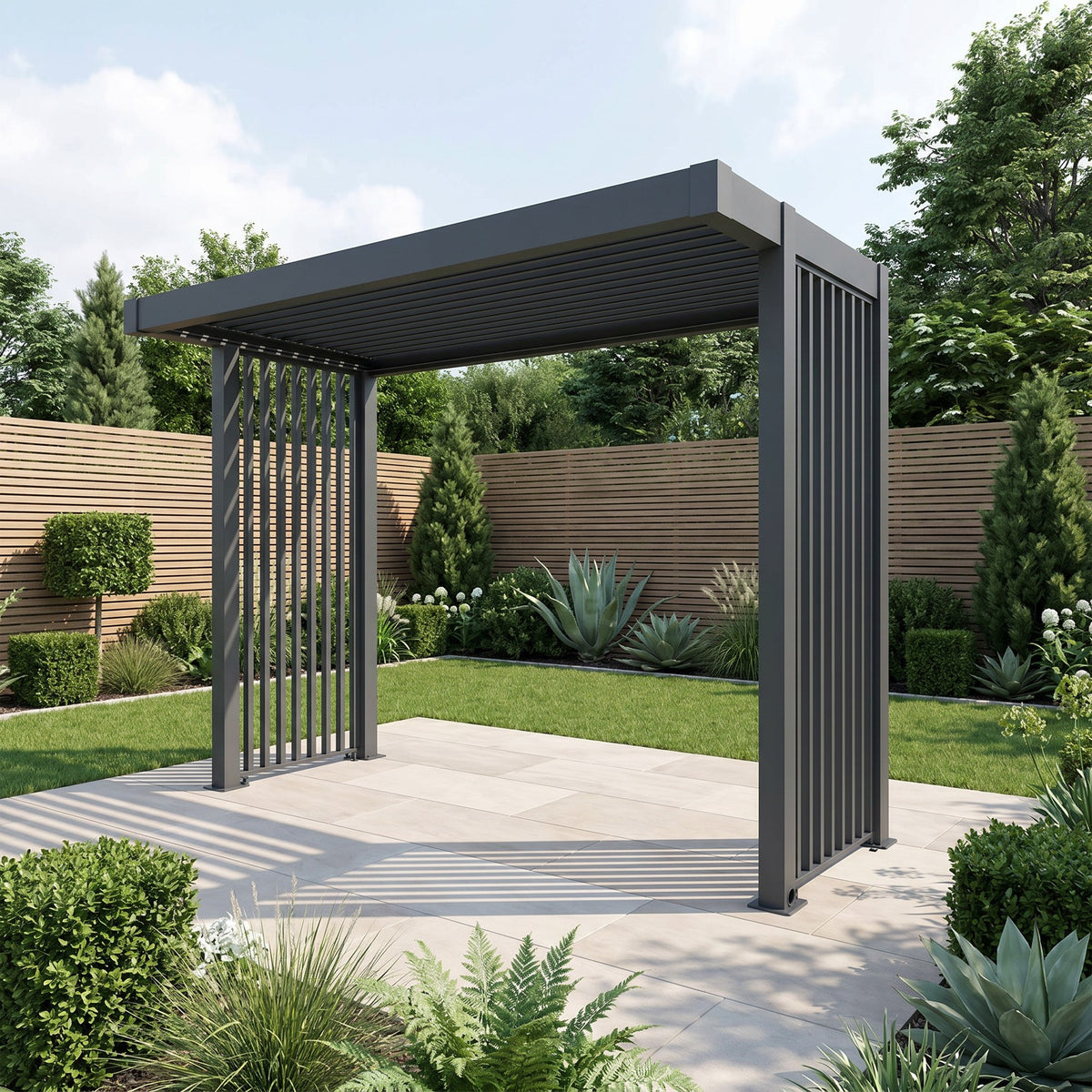 Bracken Outdoors Grey Aluminium BBQ Pergola with Linear Laser Cut Privacy Panels