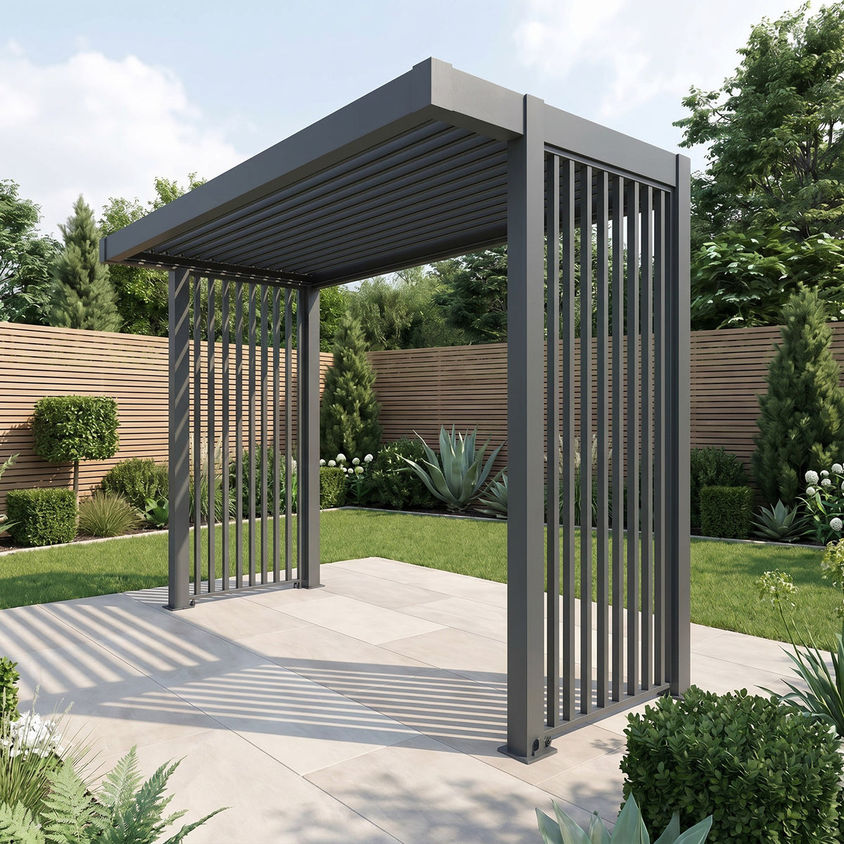 Bracken Outdoors Grey Aluminium BBQ Pergola with Linear Laser Cut Privacy Panels
