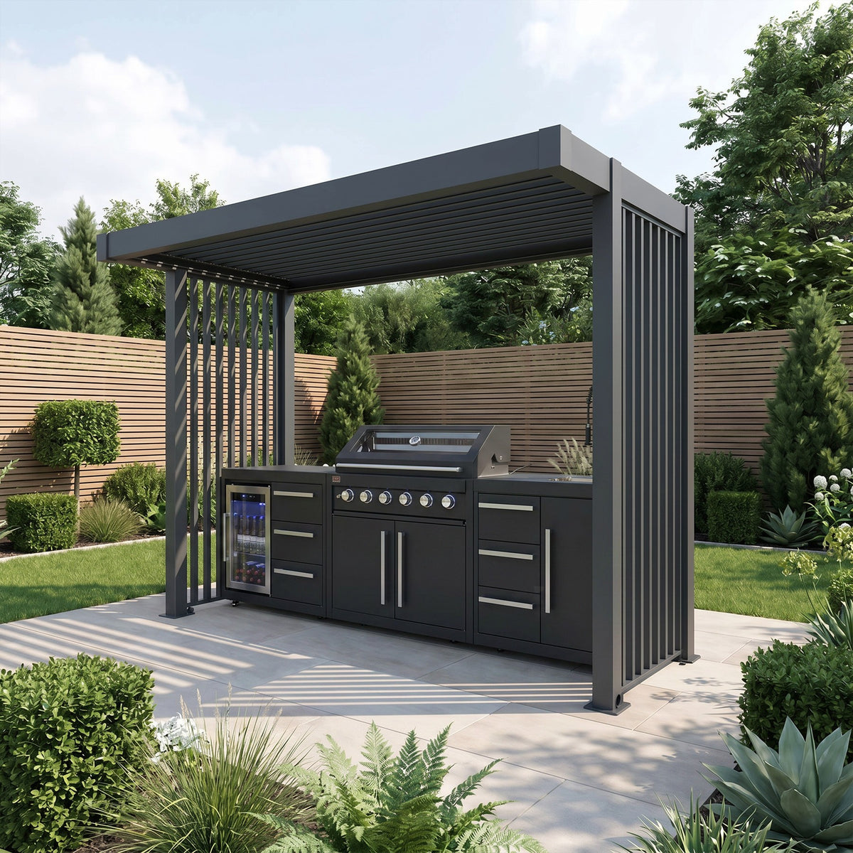Bracken Outdoors Grey Aluminium BBQ Pergola with Linear Laser Cut Privacy Panels
