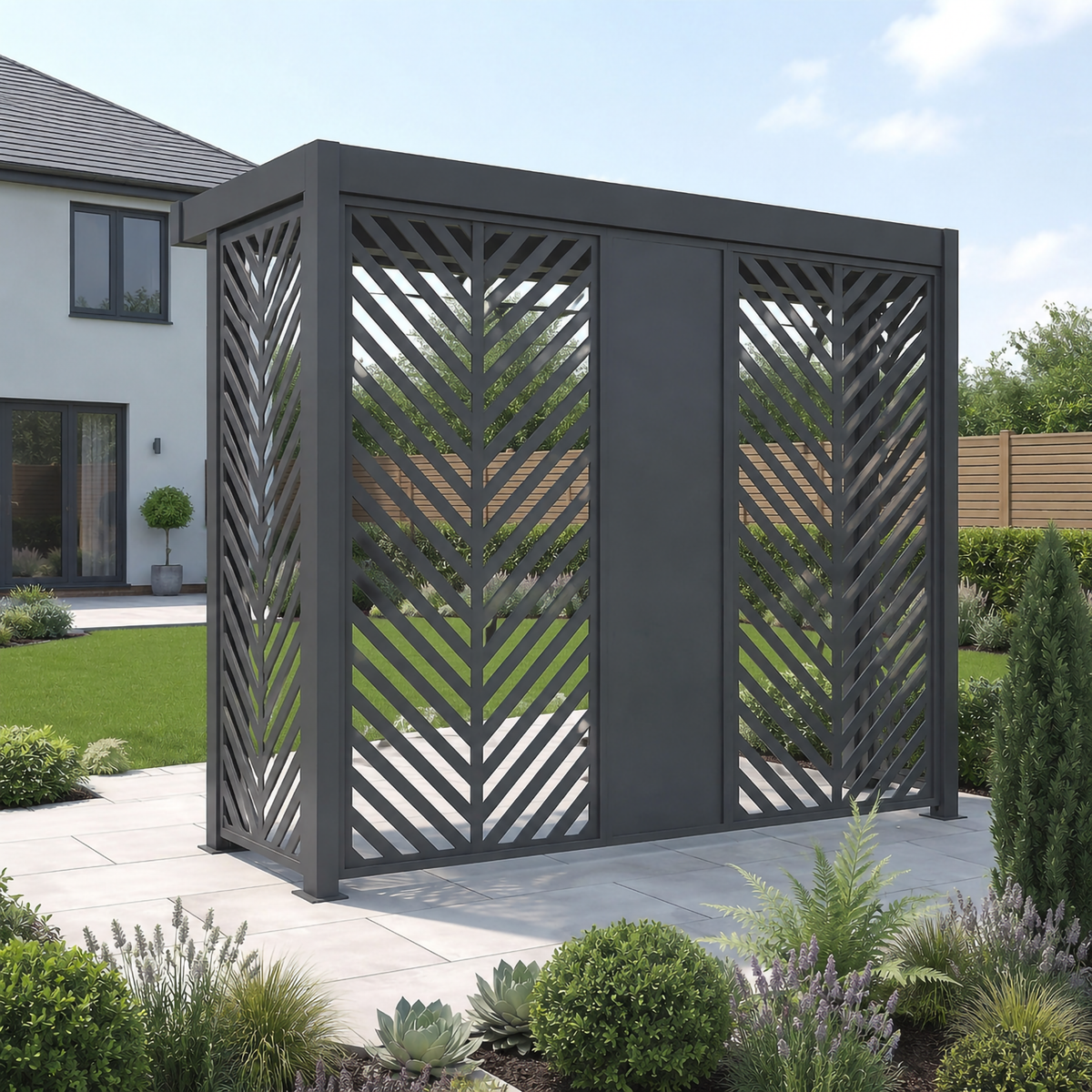 Bracken Outdoors Grey Aluminium BBQ Pergola with Insignia Laser Cut Privacy Panels