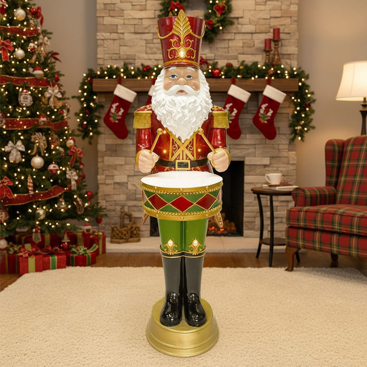 4.5ft Large Traditional Christmas Nutcracker Santa Drummer Red with LED Lights