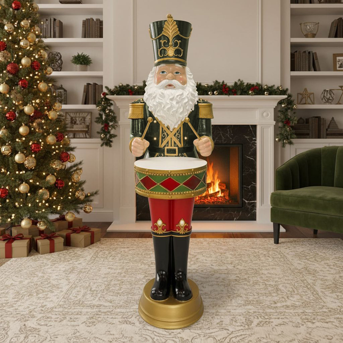 4.5ft Large Traditional Christmas Nutcracker Santa Drummer Green with LED Lights