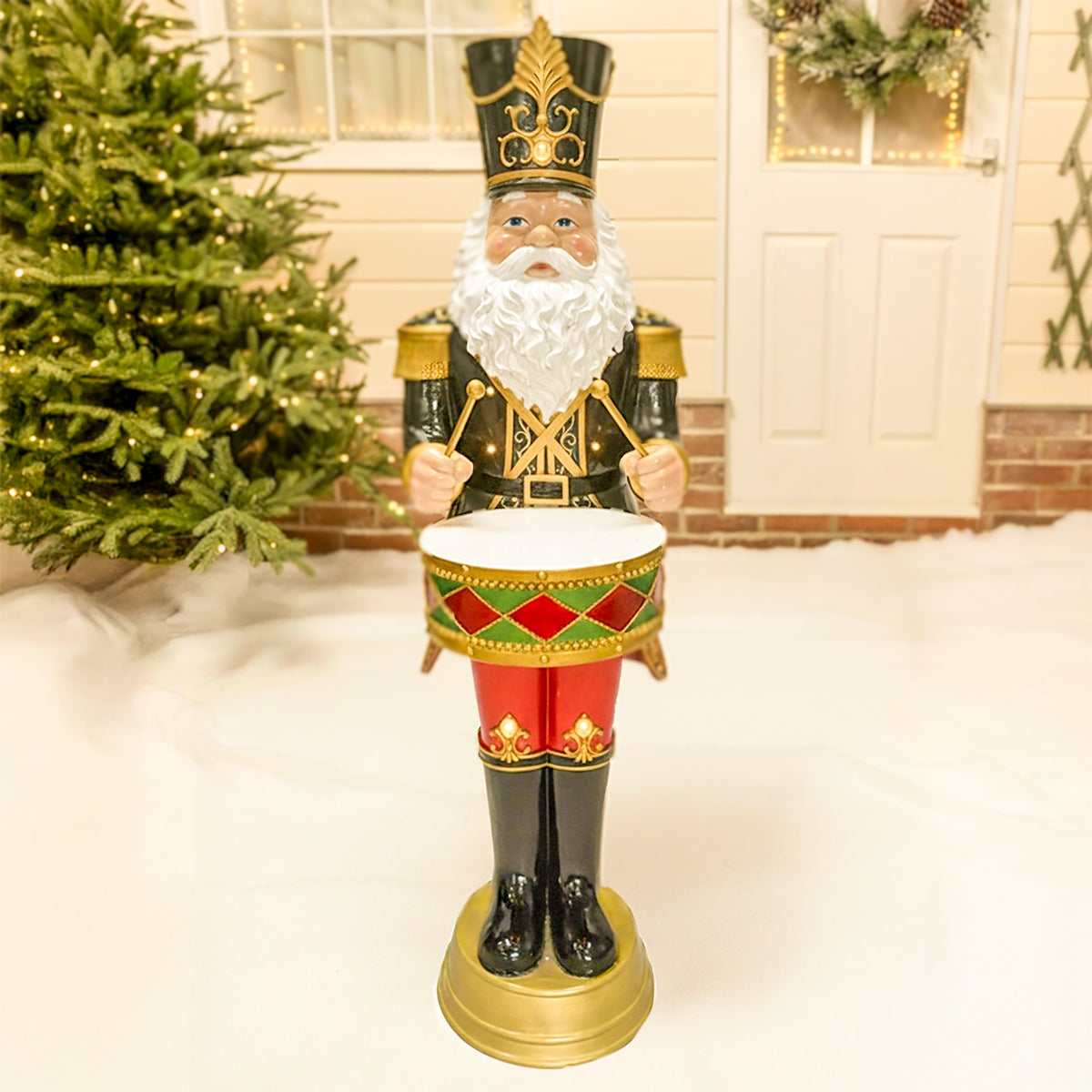 4.5ft Traditional Christmas Nutcracker Santa Drummer Green with LED Lights