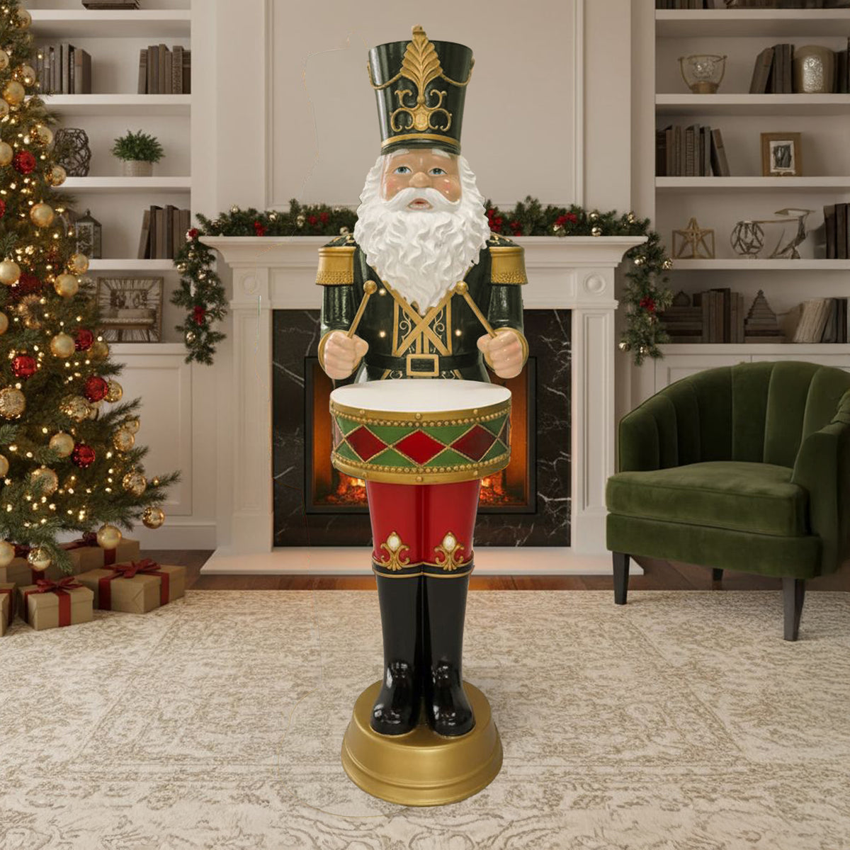 4.5ft Large Traditional Christmas Nutcracker Santa Drummer Green with LED Lights