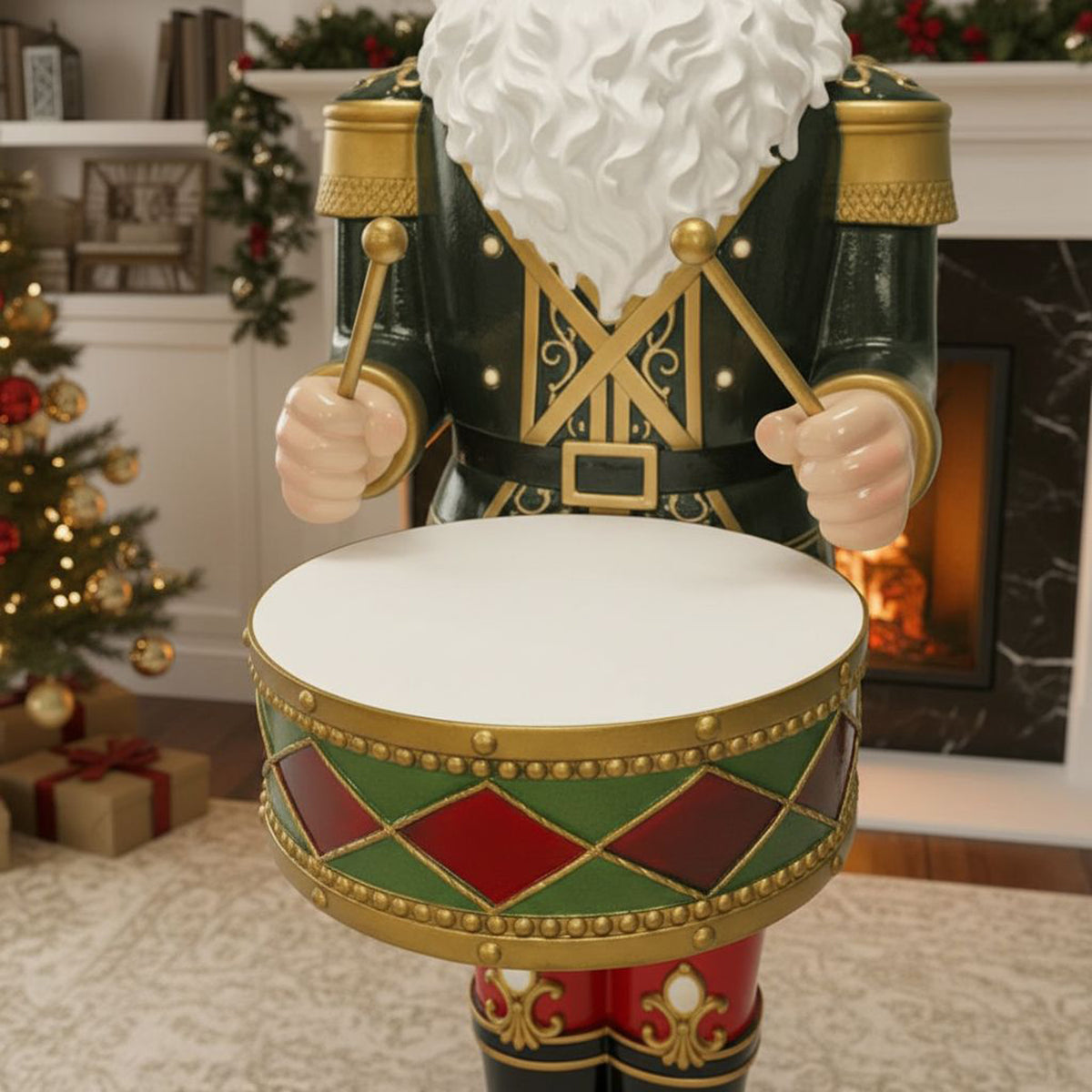 4.5ft Large Traditional Christmas Nutcracker Santa Drummer Green with LED Lights