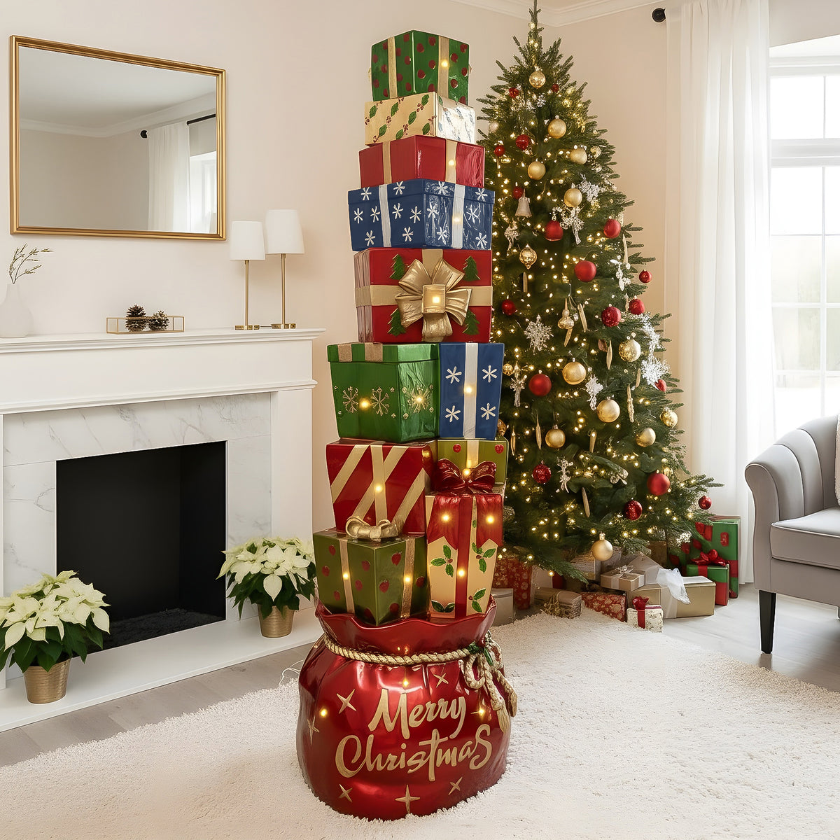 6ft Multi-Coloured Christmas Present Stack with LED Lights