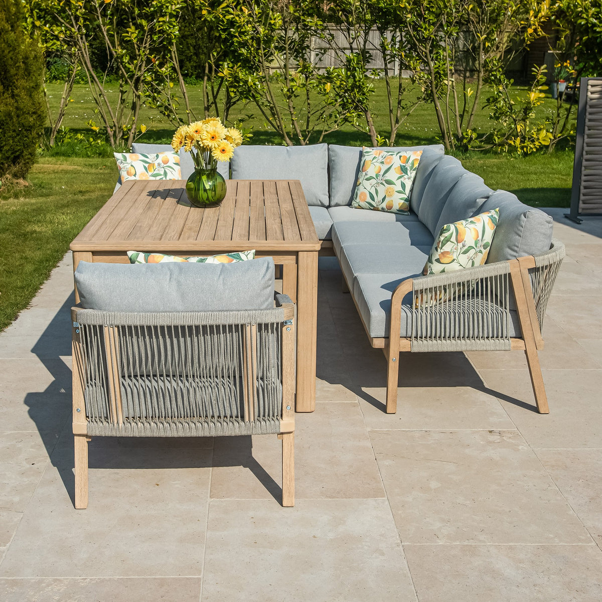 Bracken Outdoors Charlton Acacia Wood and Rope Garden Furniture Corner Sofa and Chair with Dining Table