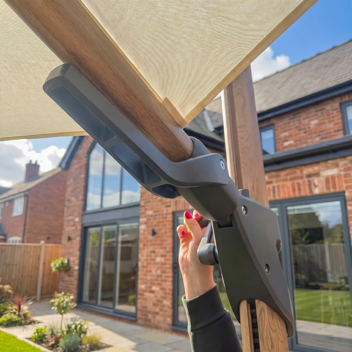Bracken Outdoors Wood Effect 3m Square Ecru Cantilever Parasol With Lights & FREE Base