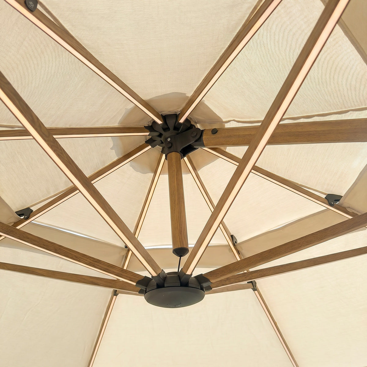 Bracken Outdoors Wood Effect 3m Square Ecru Cantilever Parasol With Lights & FREE Base