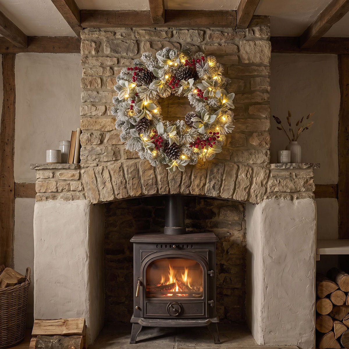 The Christmas Centre Crimson Frost 26in (66cm) Prelit Christmas Wreath with Warm White Battery Operated LED Lights