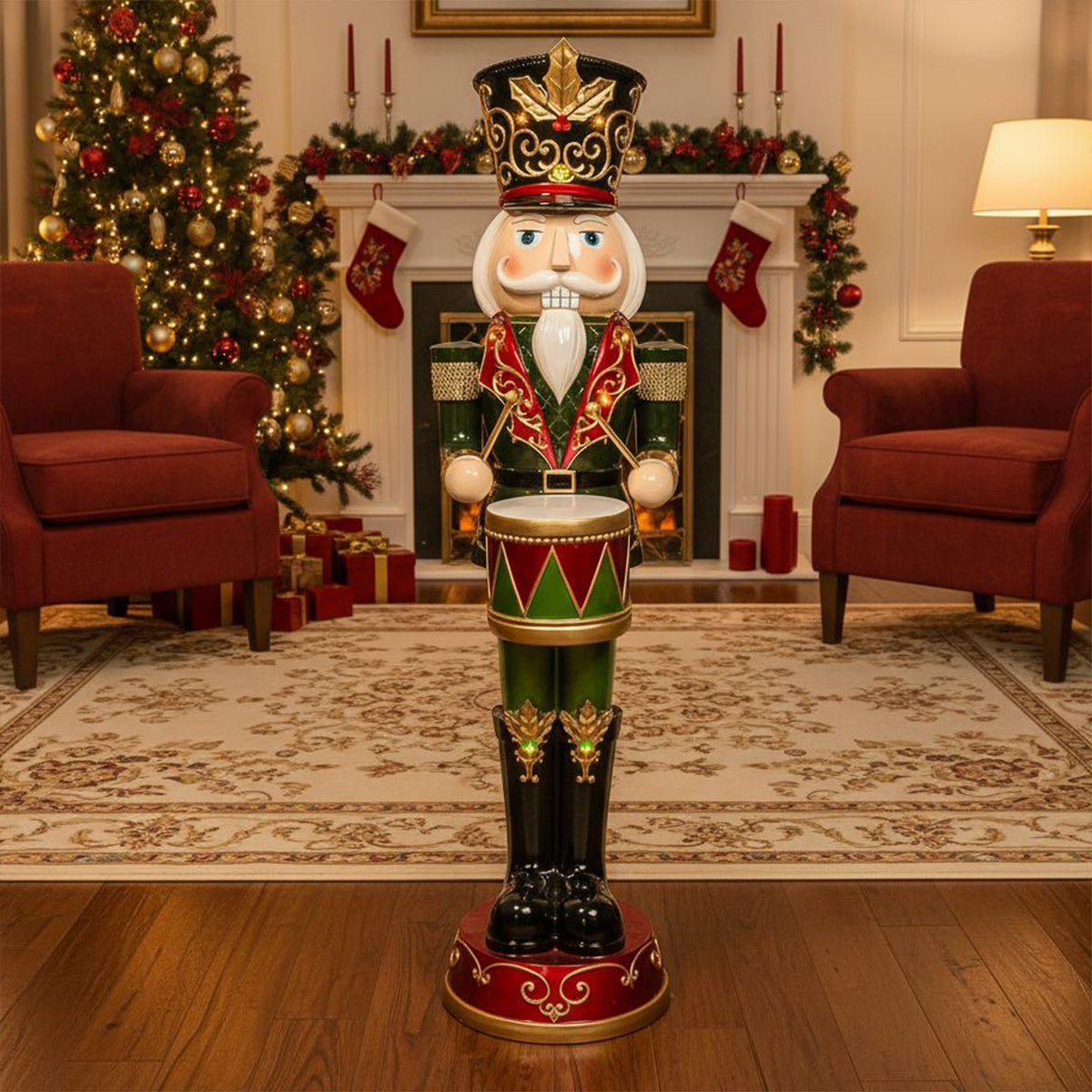 4ft Large Traditional Christmas Nutcracker Soldier Drummer Red and Green with LED Lights