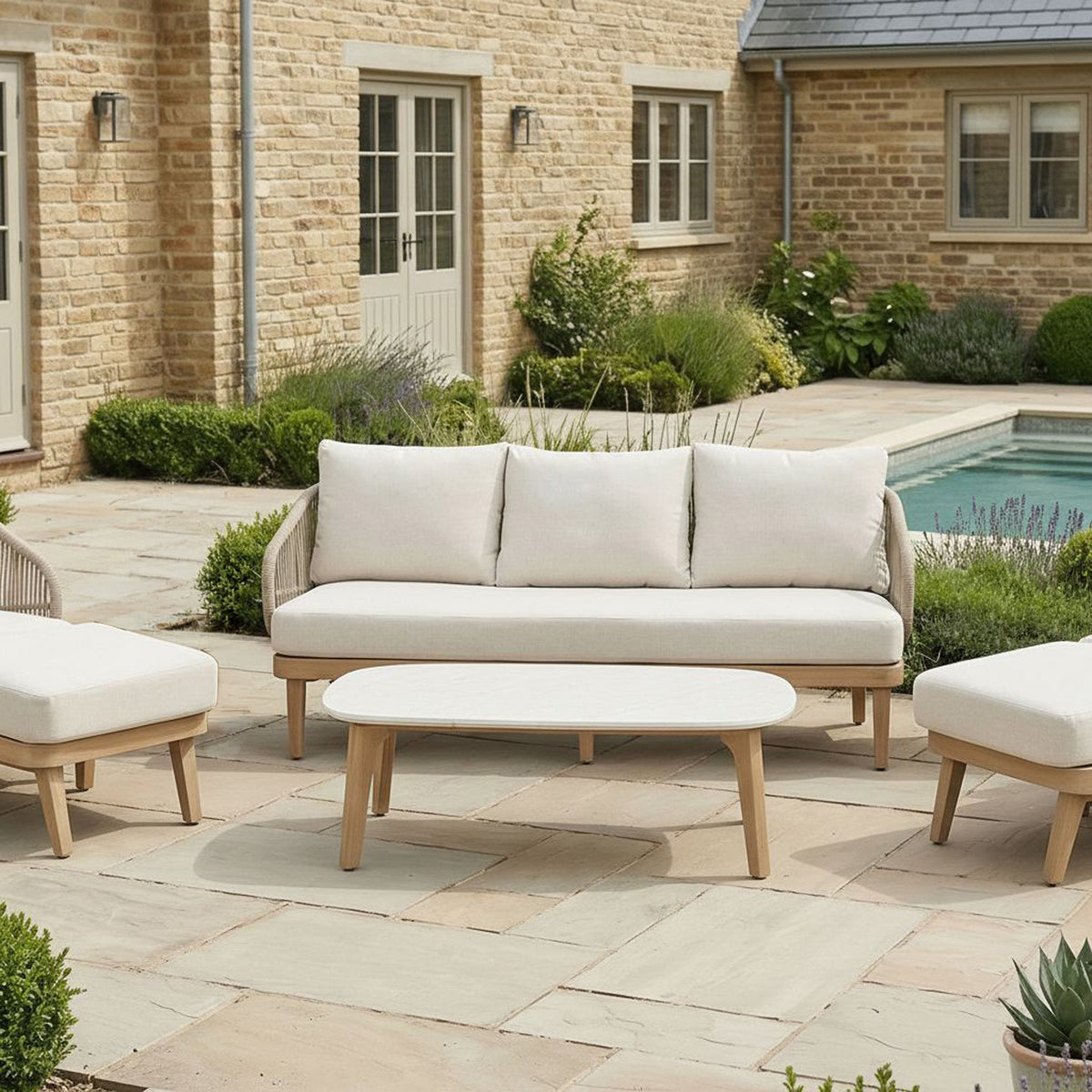 Bracken Outdoors Fairford Eucalyptus Wood and Rope Lounge Sofa Garden Furniture Set with Footstools
