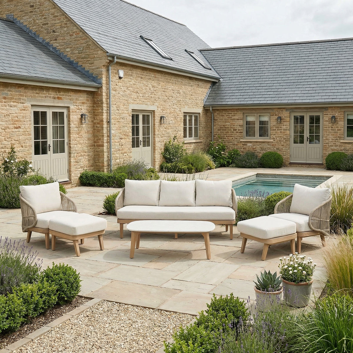 Bracken Outdoors Fairford Eucalyptus Wood and Rope Lounge Sofa Garden Furniture Set with Footstools