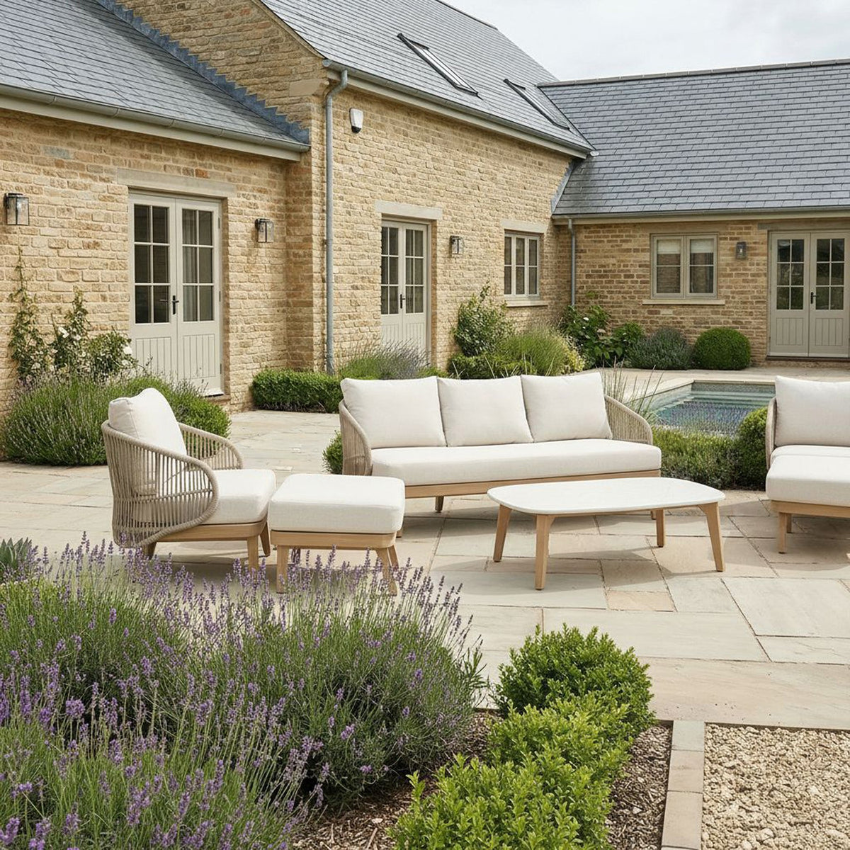 Bracken Outdoors Fairford Eucalyptus Wood and Rope Lounge Sofa Garden Furniture Set with Footstools