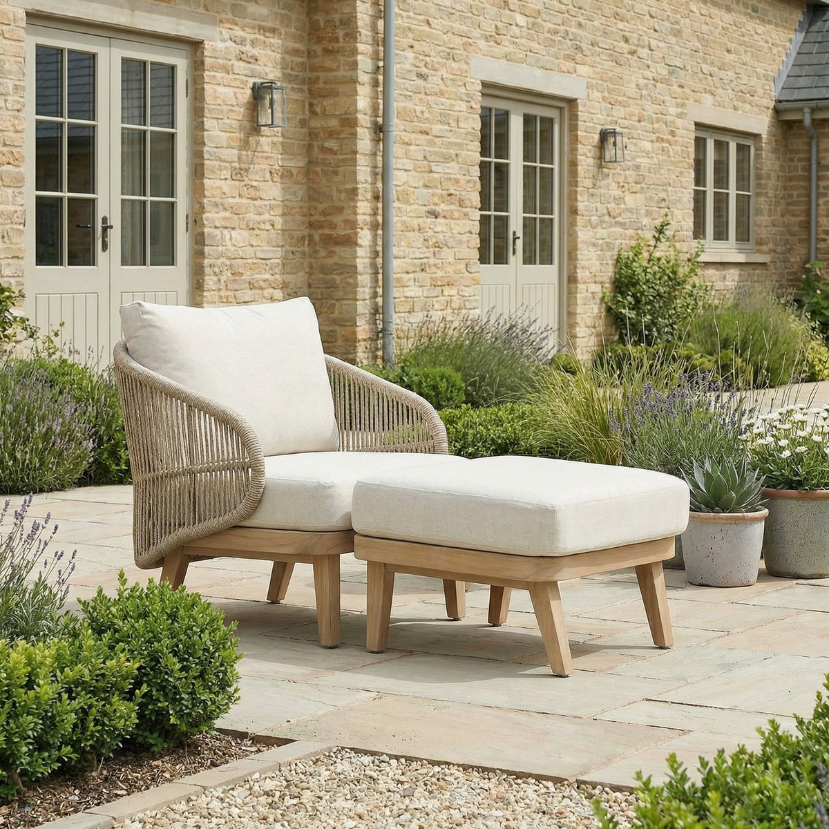 Bracken Outdoors Fairford Eucalyptus Wood and Rope Lounge Sofa Garden Furniture Set with Footstools