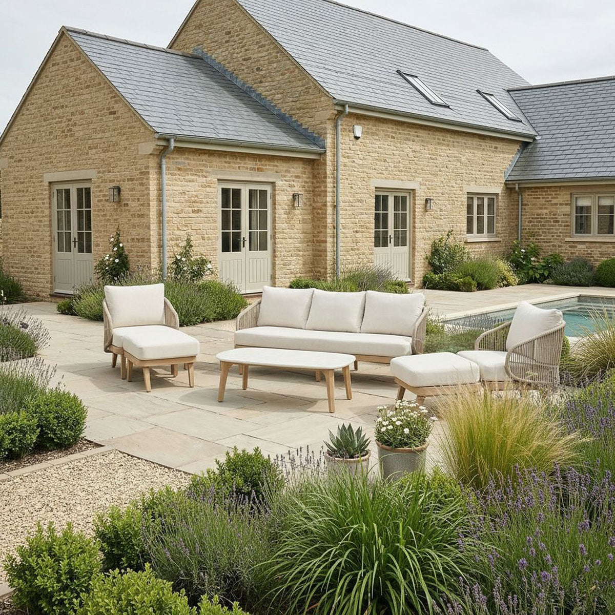 Bracken Outdoors Fairford Eucalyptus Wood and Rope Lounge Sofa Garden Furniture Set with Footstools