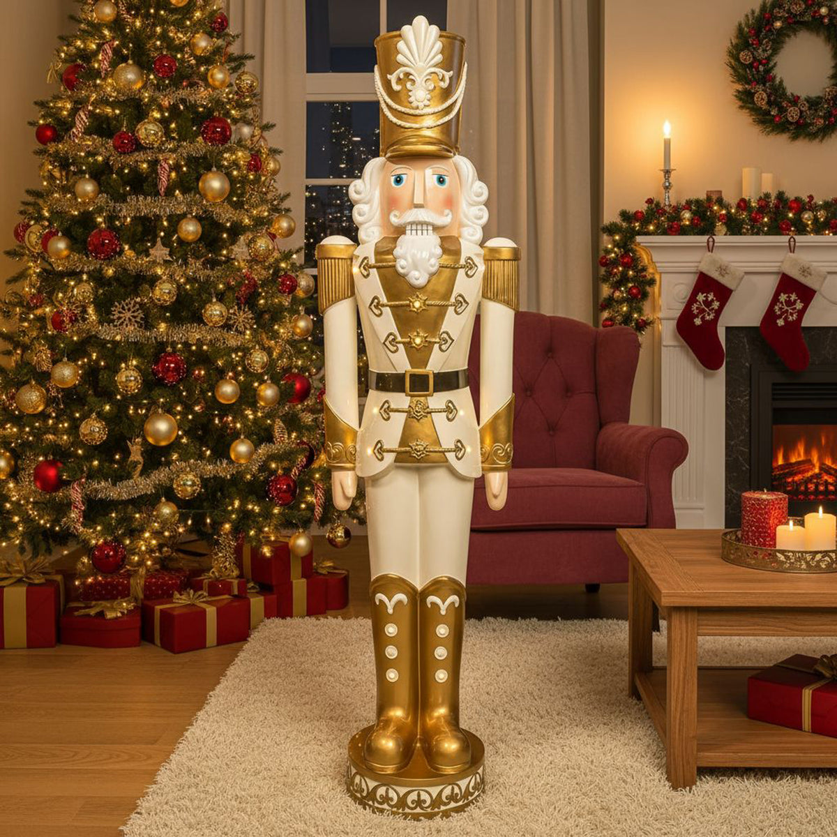 5.5ft Large Traditional Christmas Nutcracker Soldier - Cream and Gold with LED Lights